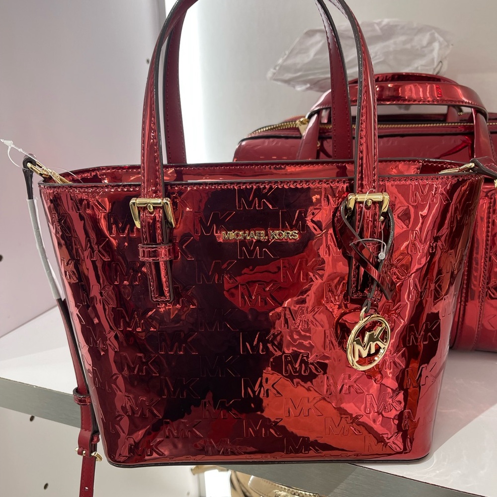 MICHAEL KORS Jet Set Extra-Sm Metallic Logo Debossed Convertible TZ Tote Crossbd